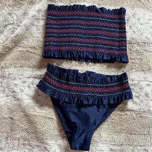 Navy Smocked Two-Piece Swim Set with Pink & Teal Stitching